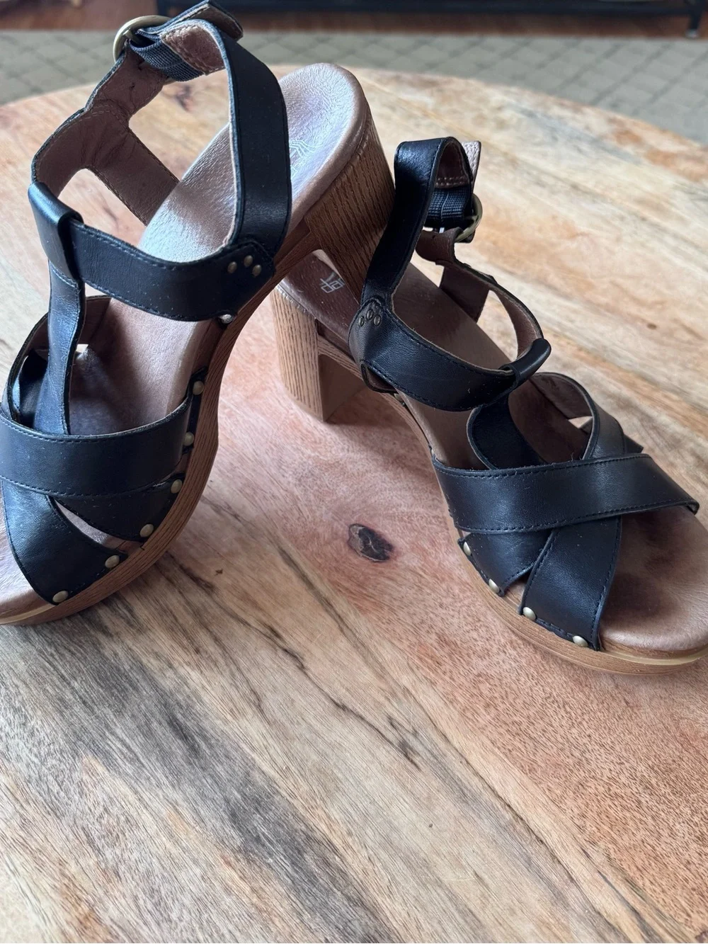 Dansko Black Leather Cross-Strap Platform Sandals